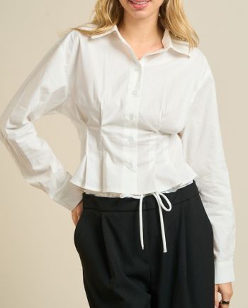 white fitted button down top