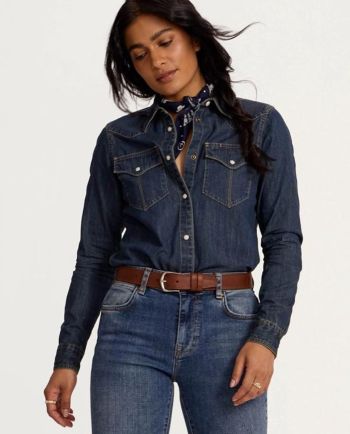 tecovas medium wash denim pearl snap