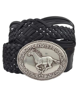 braided belt with horse buckle - available in black or brown!