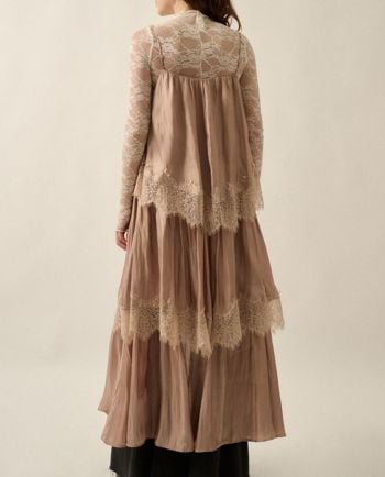 Shimmer Chiffon Lace-Trim Tiered Buttoned Maxi Slip Dress