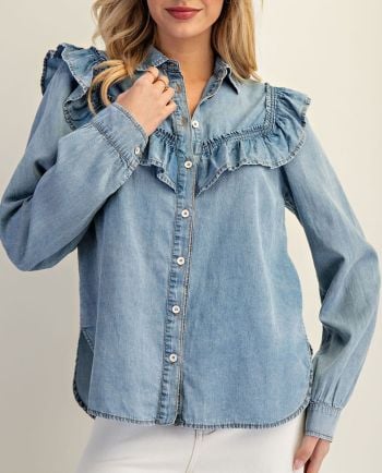 snow washed denim ruffle button up top