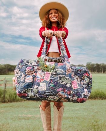 jg denim patches duffle bag