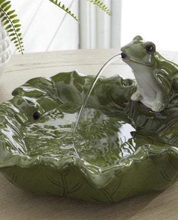 15.5 Inch Green Leaf & Frog Ceramic Fountain