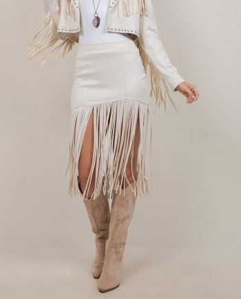 cream fringed faux suede skirt