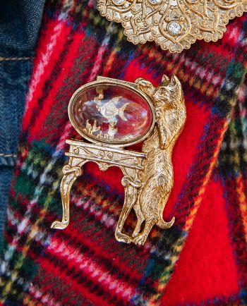 cat & fish bowl brooch
