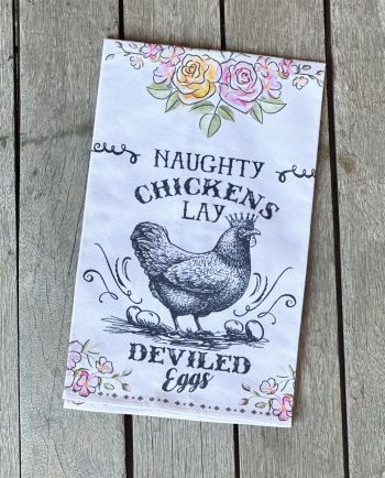naughty chickens lay deviled eggs tea towel