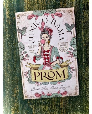 Junk-O-Rama Prom poster with illustrated woman blowing bubble gum, Round Top Texas Spring 2026.