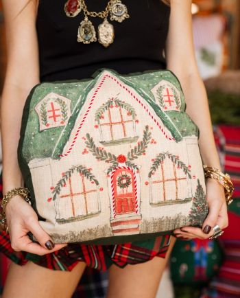beaded christmas cottage pillow