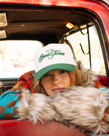 let the good times roll green trucker hat