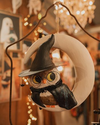 bethany lowe witchy owl on moon paper mache