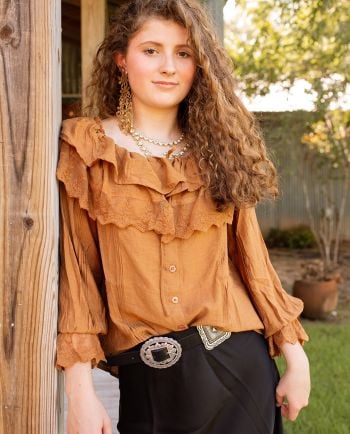 myrtle brown ruffle tie neck top