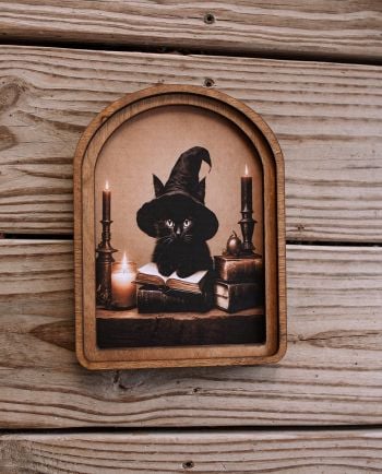 witchy kitty arch top framed art