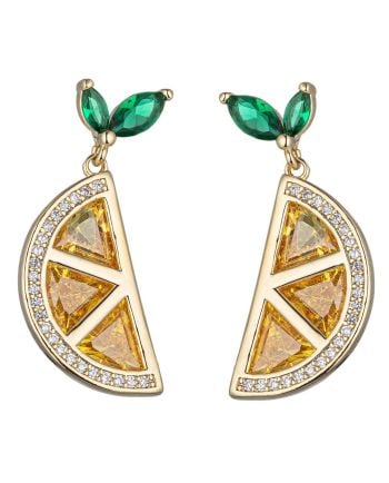 Gold citrus slice drop earrings with yellow crystal segments and green leaf stud tops