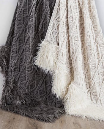 NORDIC CABLE KNIT & MONGOLIAN FUR THROW BLANKET - available in grey or white