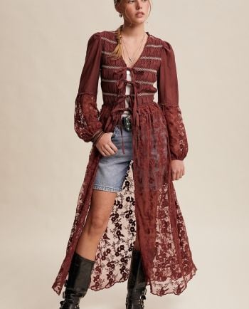 wine lace up embroidered kimono